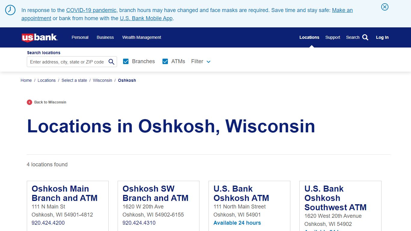 Bank & ATM’s in Oshkosh Area | US Bank